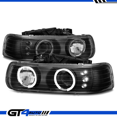 For 99-02 Chevy Silverado Pickup Truck LED Halos Projector Black Headlights Set