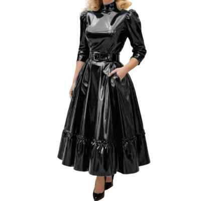 Mode Rollkragen Solide Glänzend PVC Leder A-Linie Kleid Weiblich Elegant Vestido
