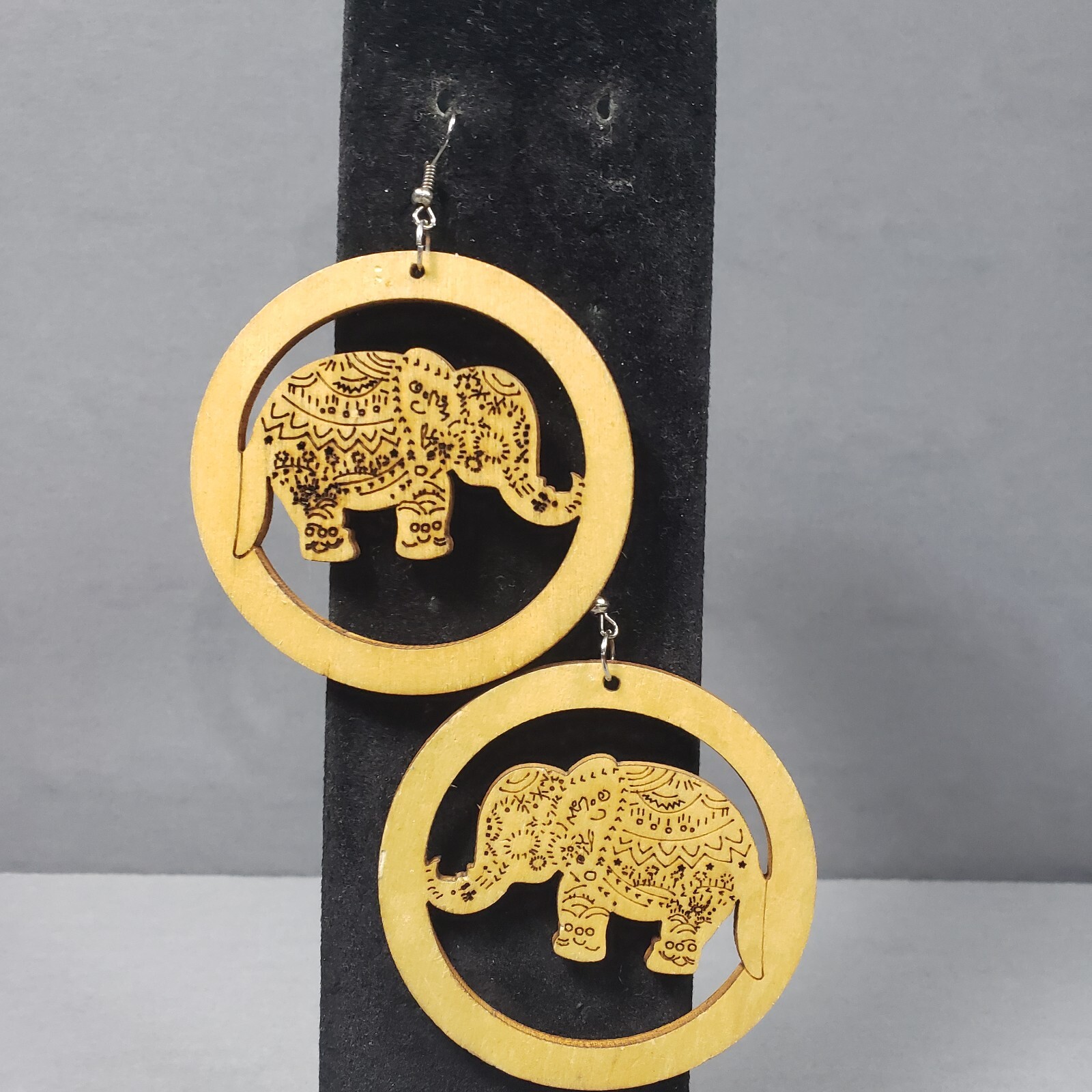 Dangle Elephant Earrings Wooden India Mid Century Bohemian Modernist 3