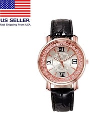 Women PU Leather Rhinestone Rose Gold Quartz Watch