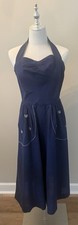 1950s Vintage Halter Navy SunDress With Pockets Daytime Pinup, Cotton Embroidery
