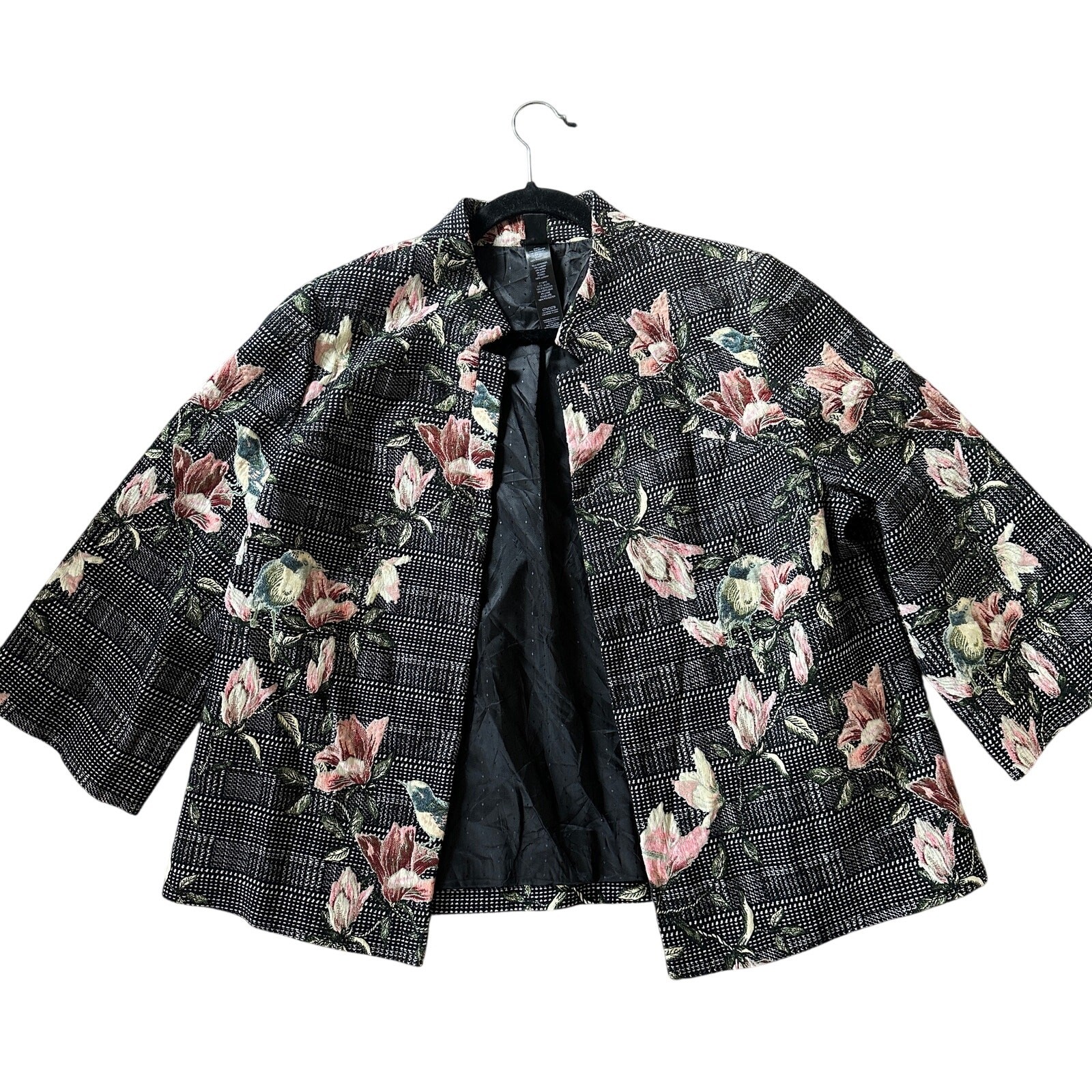 Chico’s Black Label Tapestry Floral Bird Open Front Blazer Jacket Sz 2 (12-14)