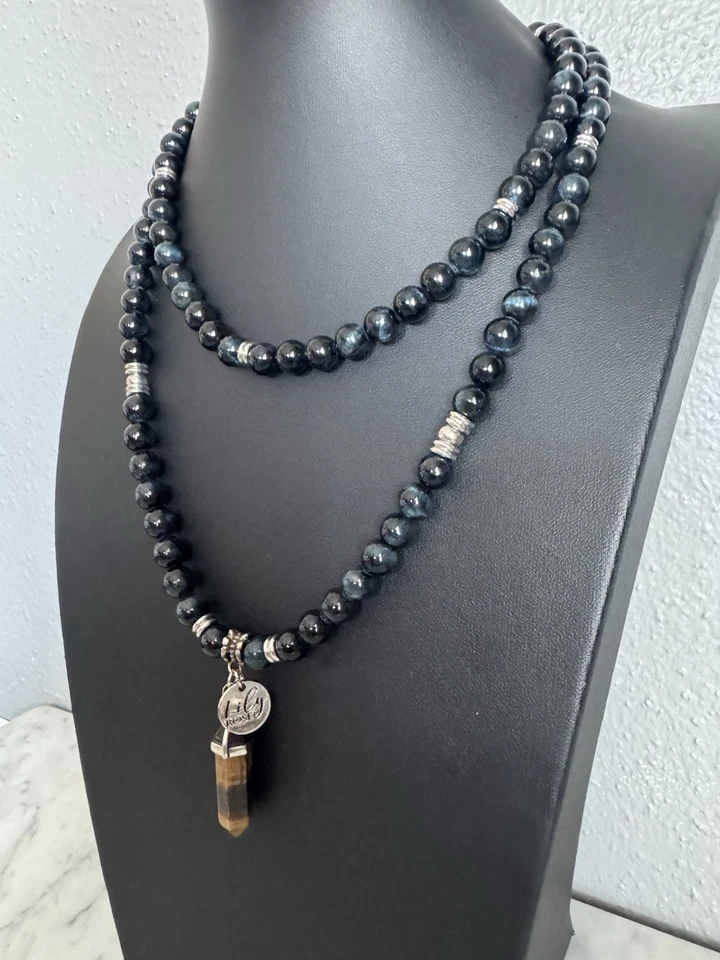 Lily Rose Hand Knotted Stone Stretch Necklace w/ Tigers Eye Charm Pendant 35" - Image 4 of 4