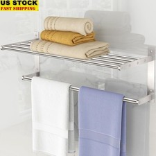Wall Mounted Towel Rack W/ Shelf Stainless Steel Bathroom Storage Organizer New