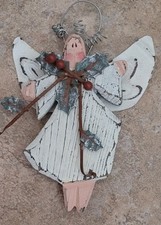 Christmas Ornament Folk Art Primitive Angel Wood Metal Hanging