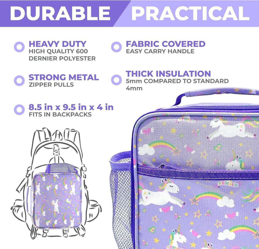 Insulated Kids Bento Box Lunch Bag with Ice Pack - Purple Unicorn Set for Ages 7