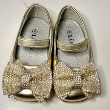 Gold Sparkle Mary Jane Bow Ballet Flats Flower Girl Dress Wedding Party Sz 4