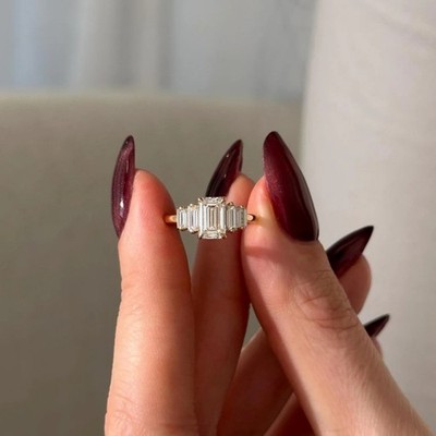 14K Gold 1.20 CT Emerald Cut Lab Grown Diamond Five Stone Style Engagement Ring