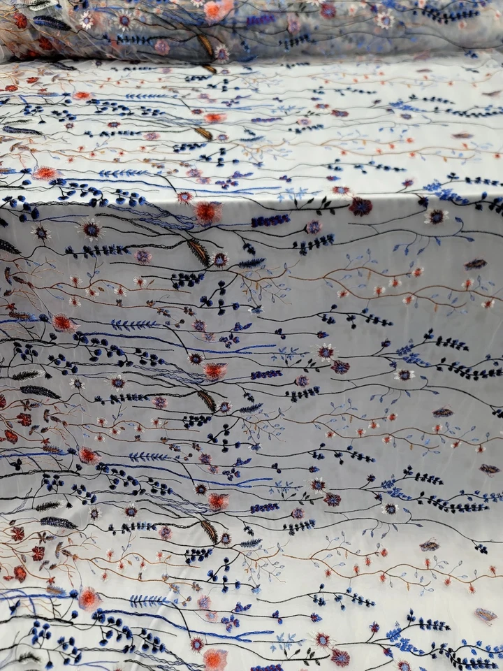 Fabric By The Yard Multicolor Lace Royal Blue Embroidery Flowers On White Mesh - Image 2 of 4
