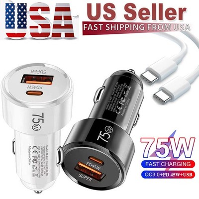 75W 2-Port USB C Fast Car Charger Block ,PD 60W Cable For All Cell Phone iPad