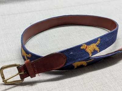 SMATHERS & BRANSON needlepoint belt 38 blue DOG golden retriever