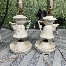 Vintage Set Of 2 Porcelain Teapot Table Lamps W/Original Plastic Ruffled Shades