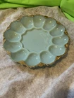 Gorgeous Vintage Delphine Blue Anchor Hocking Deviled Egg Trimmed In Gold Plate