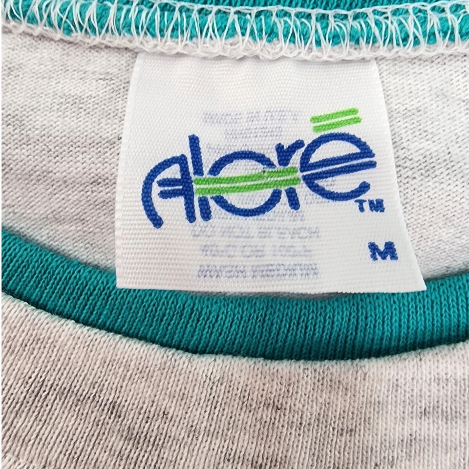 Винтажный Alore Топ женщин M серый бирюзовый ворота контраст рулон рукав графический футболка - Изображение 4 из 4