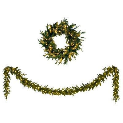 Dandan Pine 24'' Wreath + 9 Foot Garland Set 450 LED Lights 935 Branch Tips Xmas