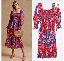 Farm Rio Bananas Print Smocked Maxi Dress Beaded Ballon Sleeve Sz XS Pink Boho