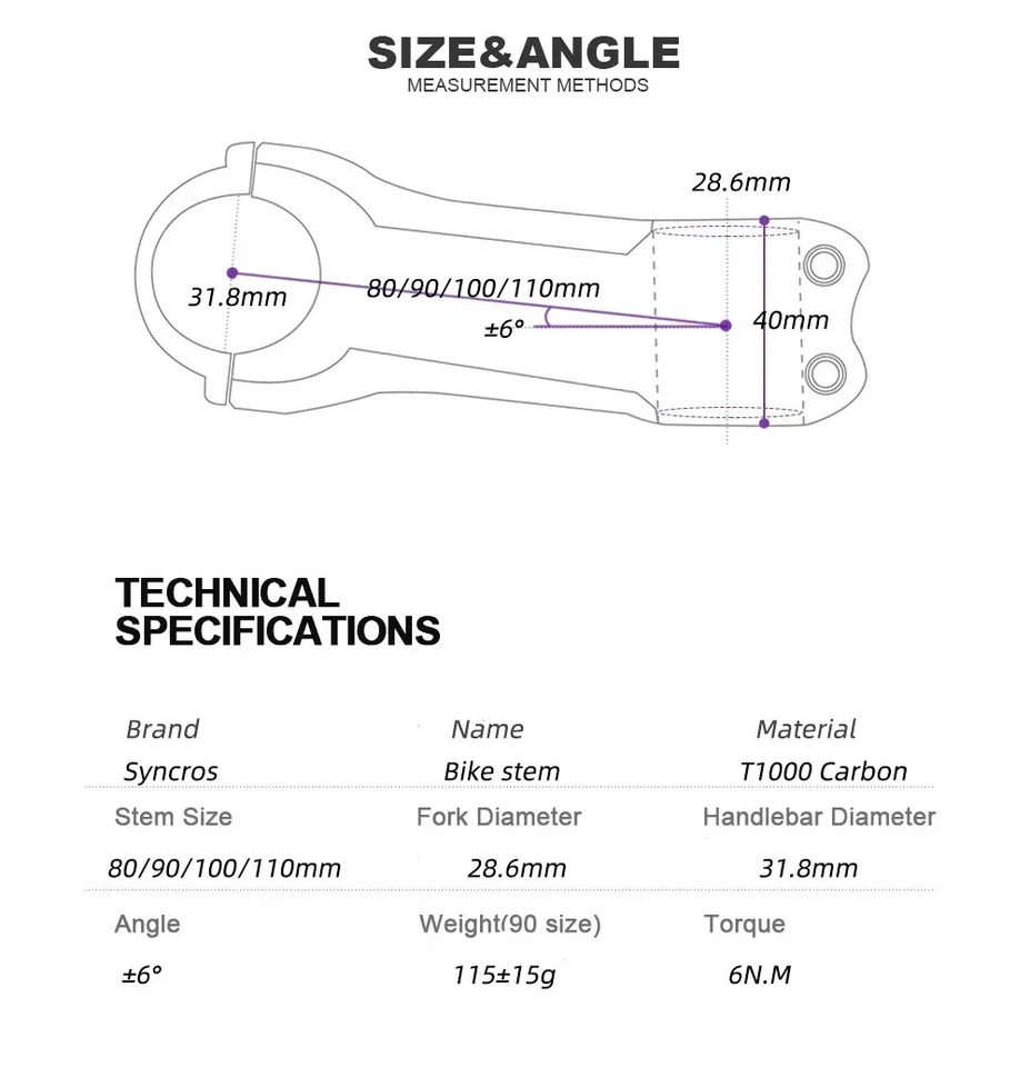 Vástago de carbono Syncros MTB/Vástago de bicicleta de carretera ±6 ° 80/90/100/110 mm Manillar de bicicleta Foto 3 de 4