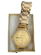 SHOUN Genuine Diamonds Quartz Gold Stainless Steel Men's Wristwatch Day Date