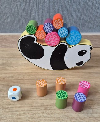 Balance - Spiel Panda aus Holz, 1 Würfel + 12 Rollen, Holzspielzeug