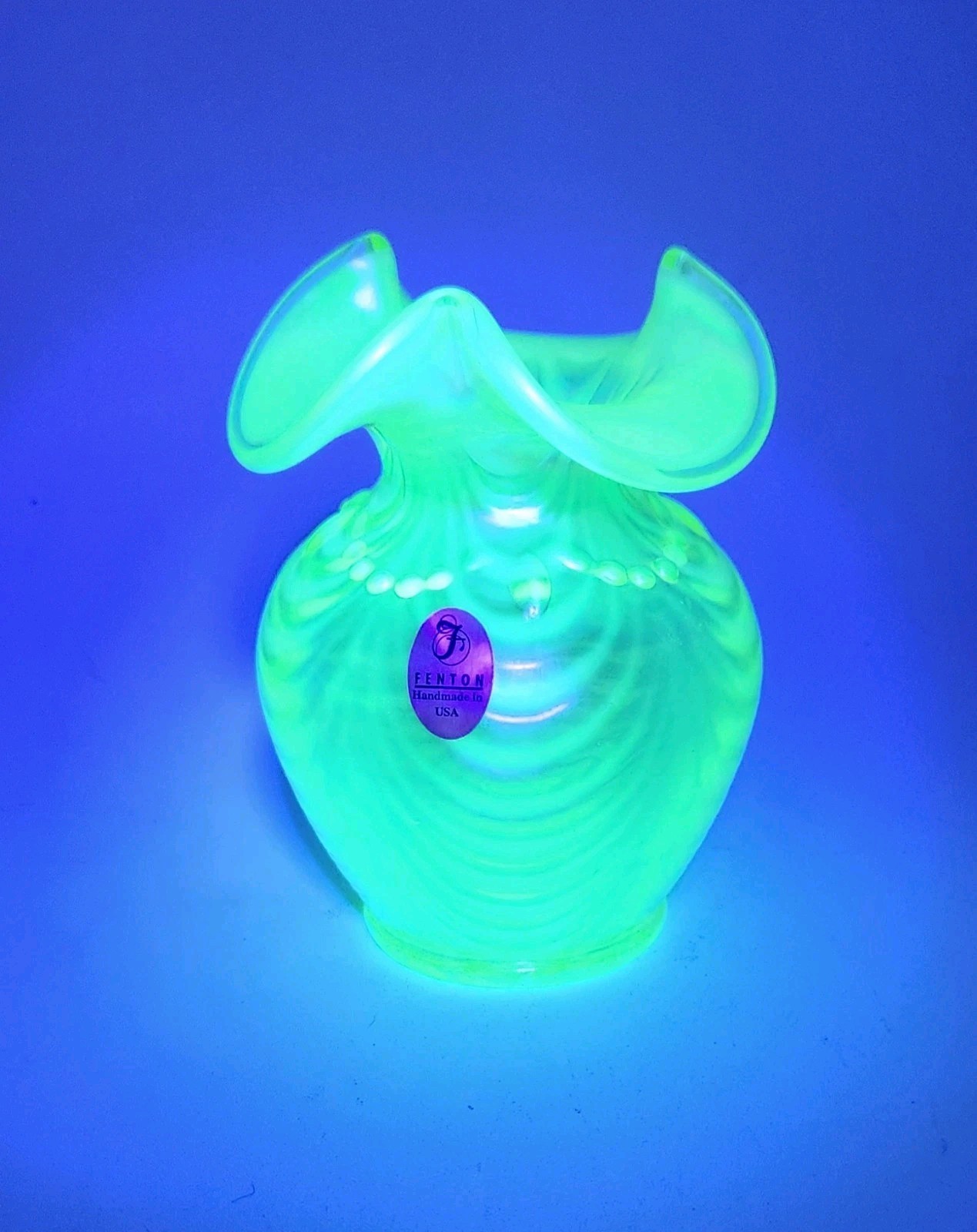 Fenton Topaz Glass Iridescent Yellow Vaseline Drapery Vase. Signed