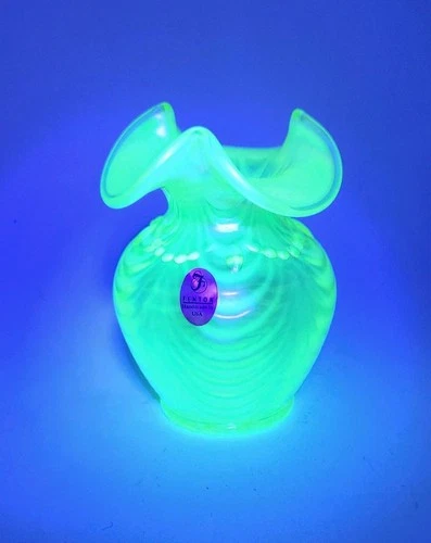 Fenton Topaz Glass Iridescent Yellow Vaseline Drapery Vase. Signed