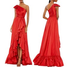 Mac Duggal 68027 Gown Size 12 Red Taffeta One Shoulder Asymmetric Ruffle Hem