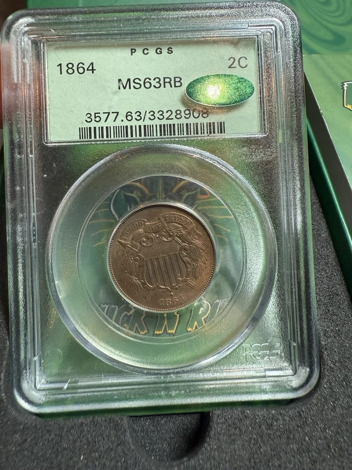 1864 Two Cent Piece 2C PCGS MS63 RB OGH Rattler Holder Cac Vaultbox Vault Box - Image 3 of 4