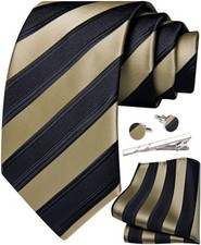 Mens Striped Tie and Pocket Square Set Silk Necktie Handkerchief Black Gold
