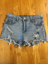 SHEIN Women  s Light Wash Distressed Frayed Cut Off Denim Shorts Size L