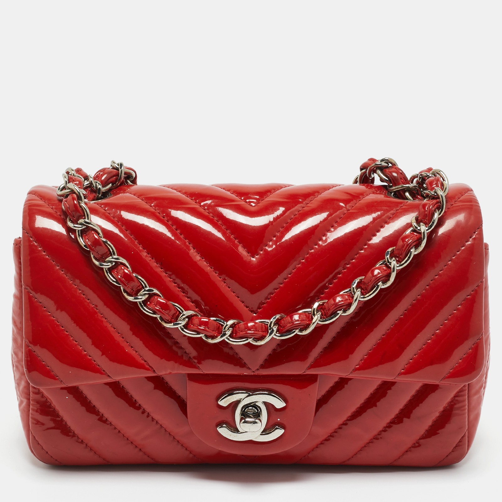 Chanel Chevron Red Patent Leather Mini Classic Flap Bag