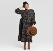 Universal Thread Black Floral Long Sleeve MIDI Dress Size Small Boho Loose E34