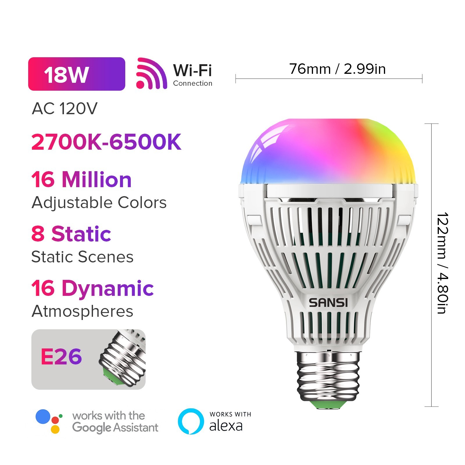 SANSI Smart LED Light Bulb WiFi Color Changing Dimmable Bulb With Alexa & Google