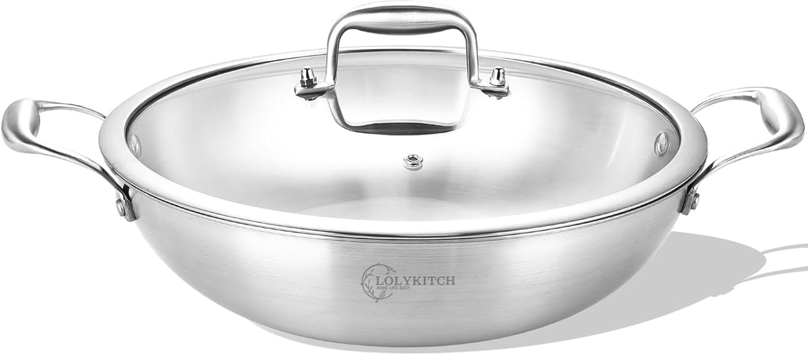 12 Inch Tri-Ply Stainless Steel Wok Pan with Lid,Kadai,5 QT Induction Cooking Po
