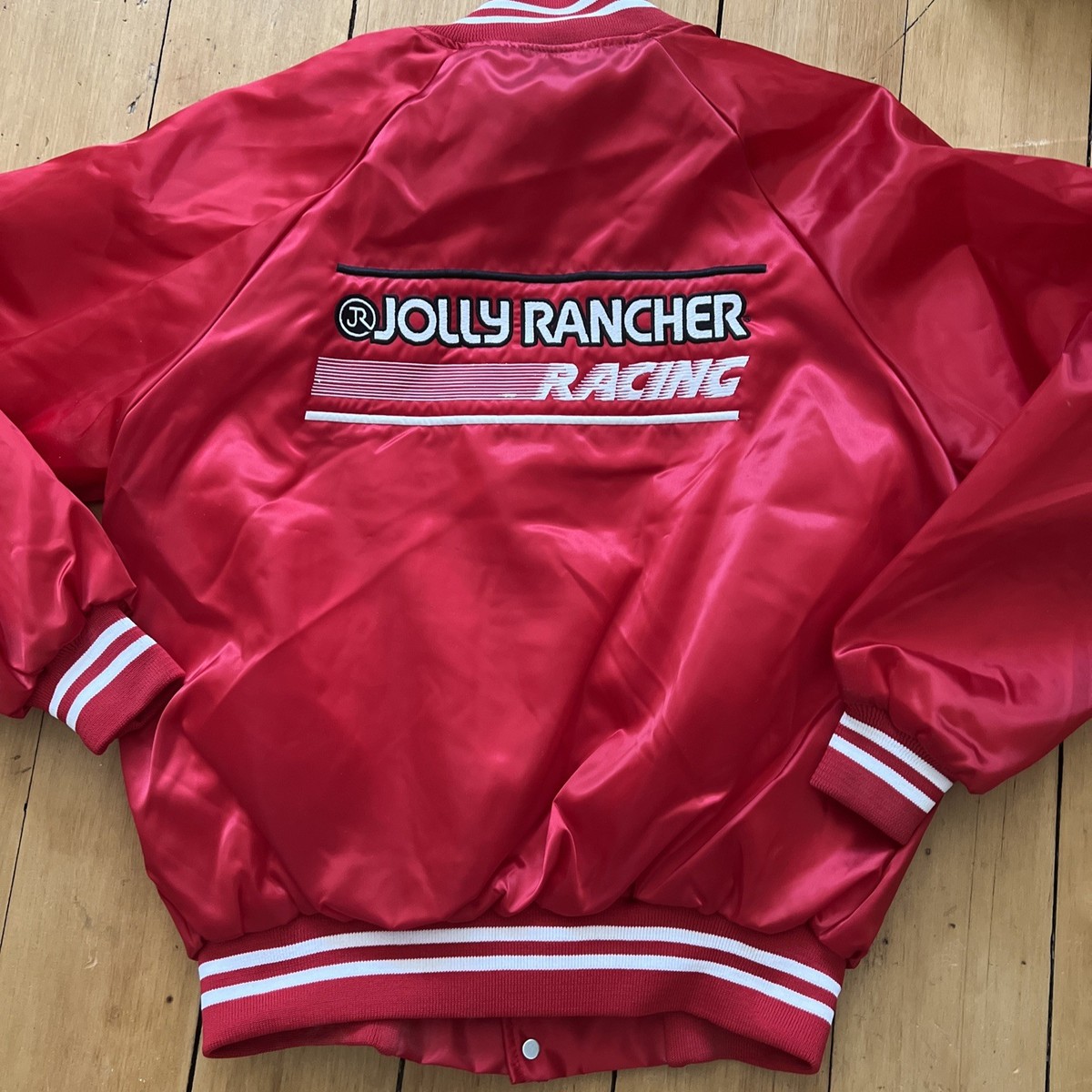 Vintage NHRA Jolly Rancher Racing Red Satin Snap Jacket Mens Size