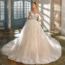 Luxury Wedding Dress Lace Applique Beaded Long Sleeve Sparkling Bridal Gown