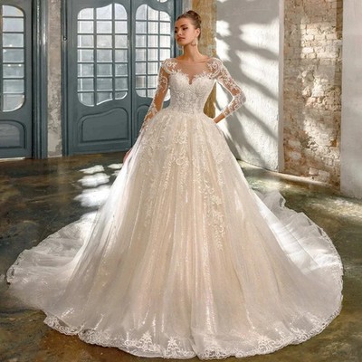 Luxury Wedding Dress Lace Applique and Beading Long Sleeve Sparkling BridalGown 