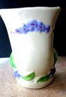 Shawnee Pottery Vase creame yellow Purple Flowers Green Leaf  USA 5" label