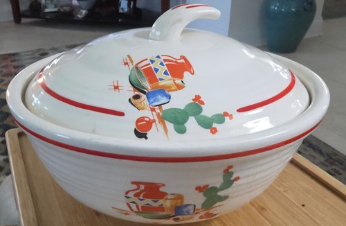 Ultra Rare Homer Laughlin Mexicana Kitchen Kraft Red Line Covered Casserole Bowl