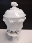Antique Portieux Vallerysthal Blue Opaline Custard Glass Candy Dish Grape Vines