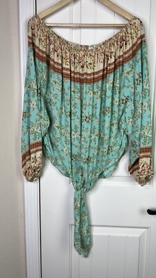 Umgee off shoulder Floral Aqua Boho Top Front Tie Sz Large Peasant Cottage Core