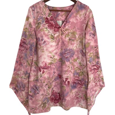 Vintage Y2K Bell Sleeve Tunic Top Medium M Pink Floral Lace Up Whimsy Fairy Core