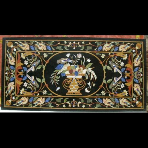 48-Inch Black Marble Dining Table Top with Floral Pietra Dura Corner Design  
