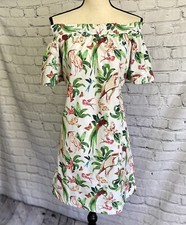 Ann Taylor Factory Dress Off Shoulder Tropical/Bird Print Cotton Shift Medium
