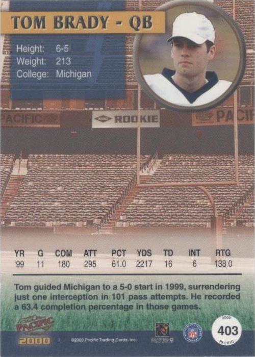 2000 pacific tom brady ルーキーカード　999枚限定 2000 Pacific Paramount Tom Brady Card Rookie RC New England