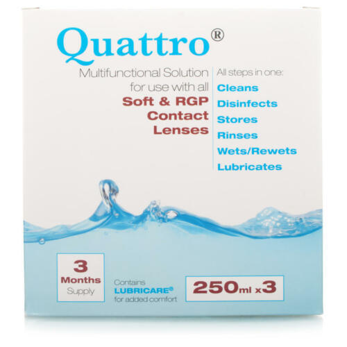 Quattro Contact Lens Solution 3x250ml Cleaning Disinfects Removes