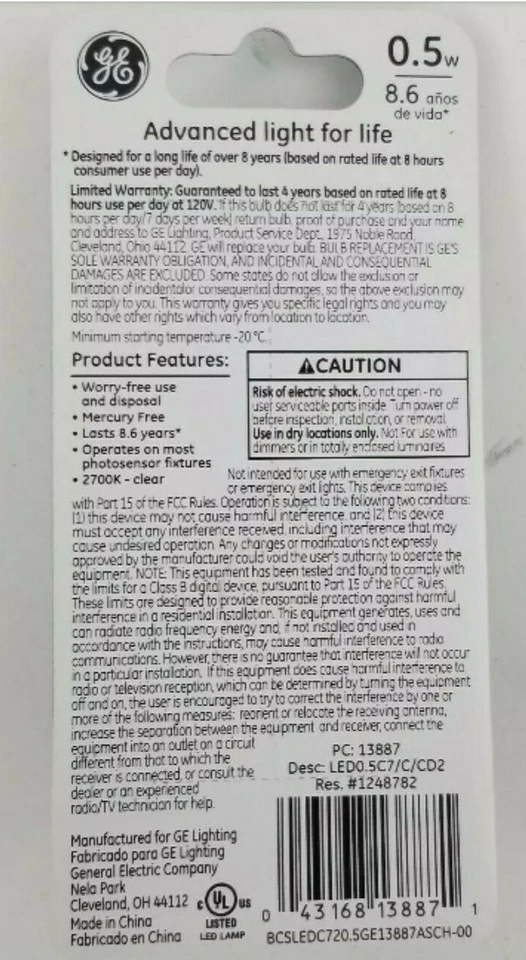 0.5w LED Candelabra Base Soft White Bulb 2700k 14150 Sealed Packge NEW Ge 2 Pack - Image 2 of 2