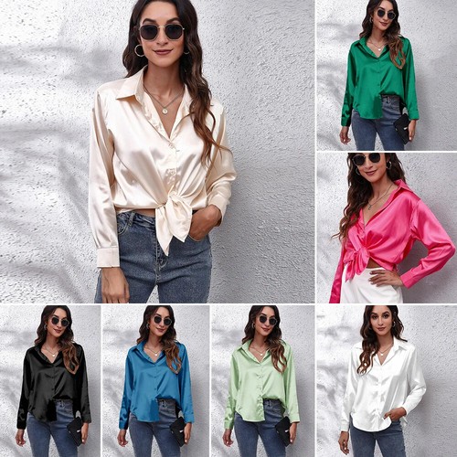 17 Color Option Women's Satin Blouse Tops Summer Fashion Female Turn Down Collar