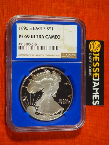 1990 S PROOF SILVER EAGLE NGC PF69 ULTRA CAMEO BLUE CORE HOLDER