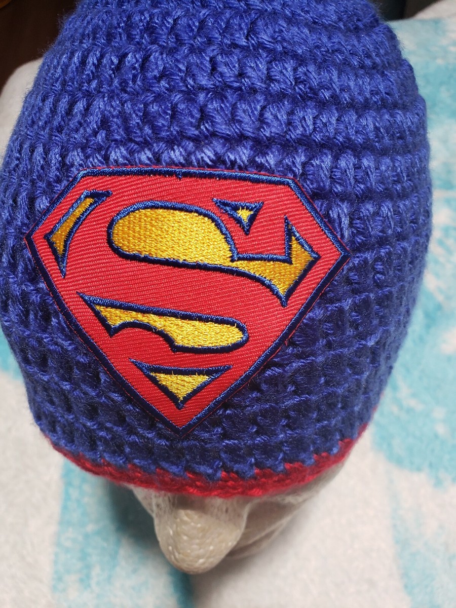 SUPERMAN Hat, Handmade, crochet with Logo, blue w/red trim, 18