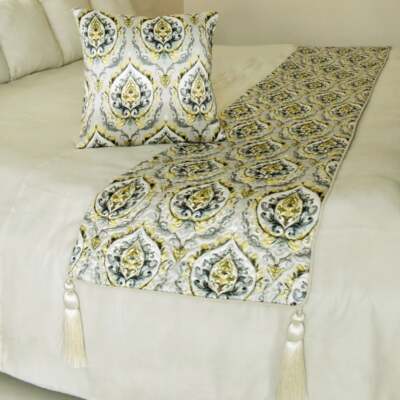 Designer Grey Jacquard King Bed Runner, Damask & Tassels - Flamey Damask